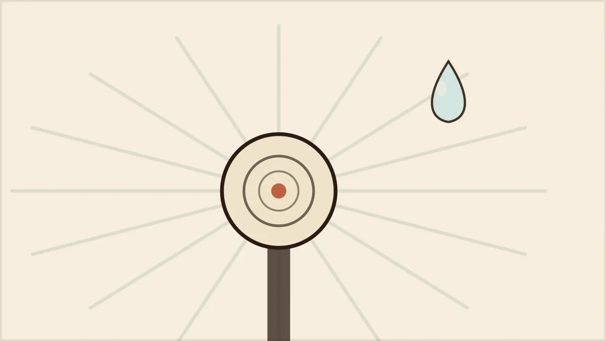 Close-up illustration of a sprinkler head with a single suspended water droplet, flat sign-painter style.